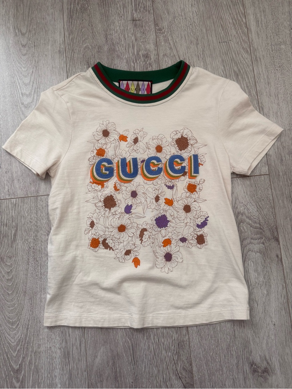 Gucci Cream Tee with Multicolor Floral Logo